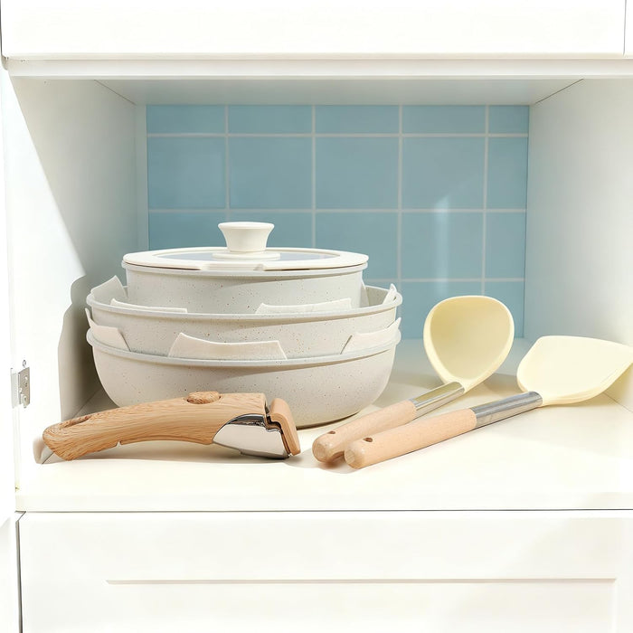 Vero Hardware 15PCS Ceramic Cookware Sets Detachable Handle Pots and Pans Set Non Stick
