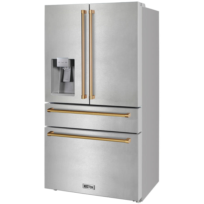 Kostch KOS-36RFD07T-SG 36" Counter-Depth 21.6 cu. ft. 4-Door French Door Refrigerator with Ice & Water Dispenser – Stainless Steel with Bronze Accents