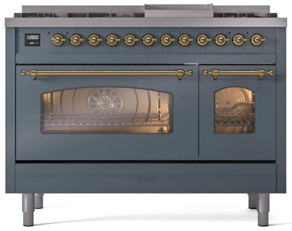 Ilve UP48FNMPBGGLP 48 in Nostalgie II Dual Fuel Range, 8 Burners, Griddle, Double Oven, Blue Grey, Brass, LP Gas