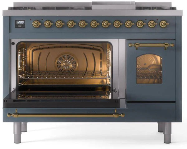Ilve UP48FNMPBGGLP 48 in Nostalgie II Dual Fuel Range, 8 Burners, Griddle, Double Oven, Blue Grey, Brass, LP Gas