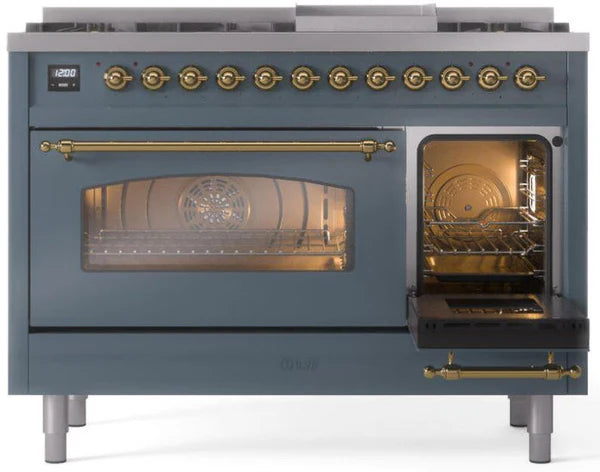 Ilve UP48FNMPBGGLP 48 in Nostalgie II Dual Fuel Range, 8 Burners, Griddle, Double Oven, Blue Grey, Brass, LP Gas