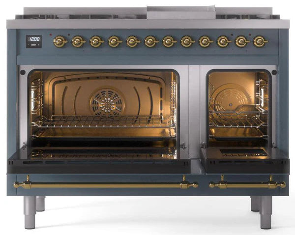Ilve UP48FNMPBGGLP 48 in Nostalgie II Dual Fuel Range, 8 Burners, Griddle, Double Oven, Blue Grey, Brass, LP Gas