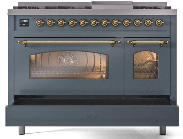 Ilve UP48FNMPBGGLP 48 in Nostalgie II Dual Fuel Range, 8 Burners, Griddle, Double Oven, Blue Grey, Brass, LP Gas