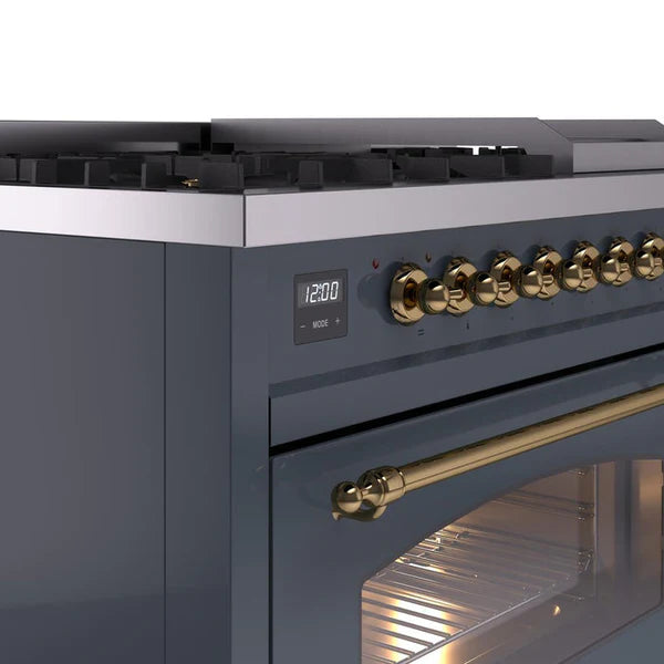 Ilve UP48FNMPBGGLP 48 in Nostalgie II Dual Fuel Range, 8 Burners, Griddle, Double Oven, Blue Grey, Brass, LP Gas