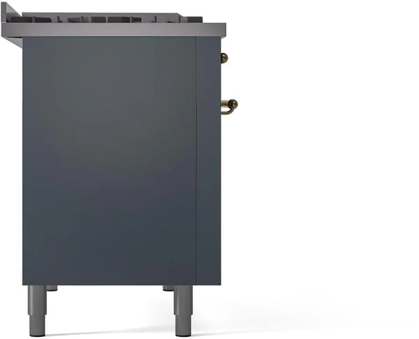 Ilve UP48FNMPBGGLP 48 in Nostalgie II Dual Fuel Range, 8 Burners, Griddle, Double Oven, Blue Grey, Brass, LP Gas