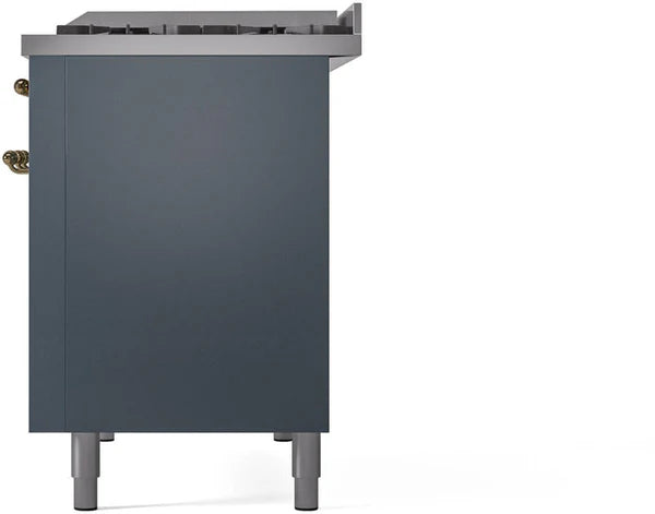 Ilve UP48FNMPBGGLP 48 in Nostalgie II Dual Fuel Range, 8 Burners, Griddle, Double Oven, Blue Grey, Brass, LP Gas