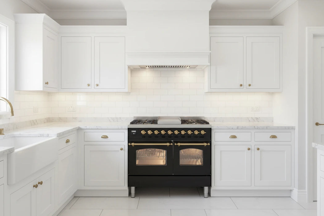 Ilve UPD40FNMPBKGLP 40 in Nostalgie II Dual Fuel Range, 6 Burners, Griddle, Double Oven, Glossy Black, Brass, LP Gas