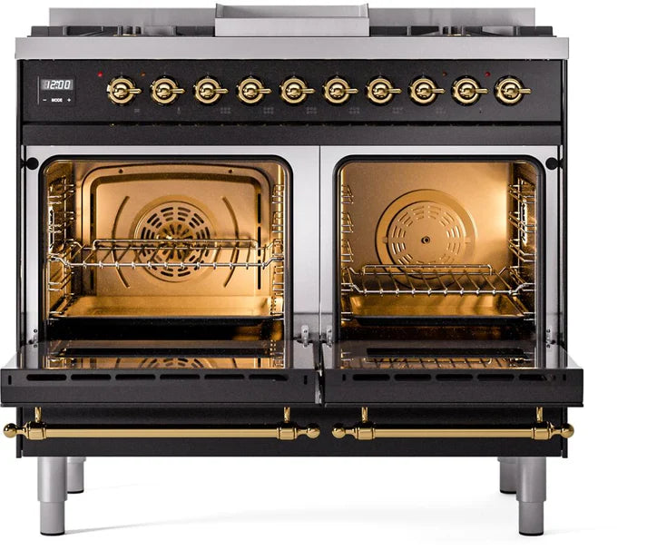 Ilve UPD40FNMPBKGLP 40 in Nostalgie II Dual Fuel Range, 6 Burners, Griddle, Double Oven, Glossy Black, Brass, LP Gas