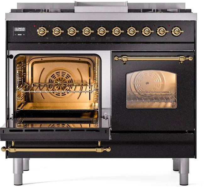 Ilve UPD40FNMPBKGLP 40 in Nostalgie II Dual Fuel Range, 6 Burners, Griddle, Double Oven, Glossy Black, Brass, LP Gas