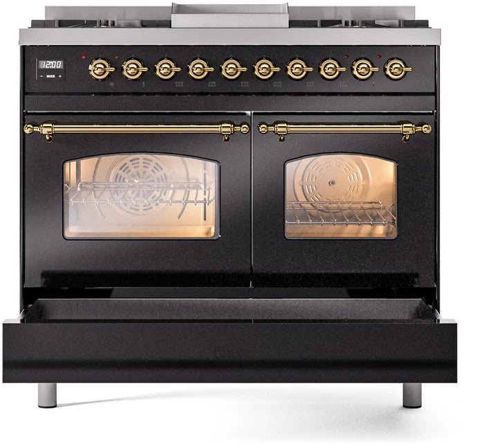 Ilve UPD40FNMPBKGLP 40 in Nostalgie II Dual Fuel Range, 6 Burners, Griddle, Double Oven, Glossy Black, Brass, LP Gas