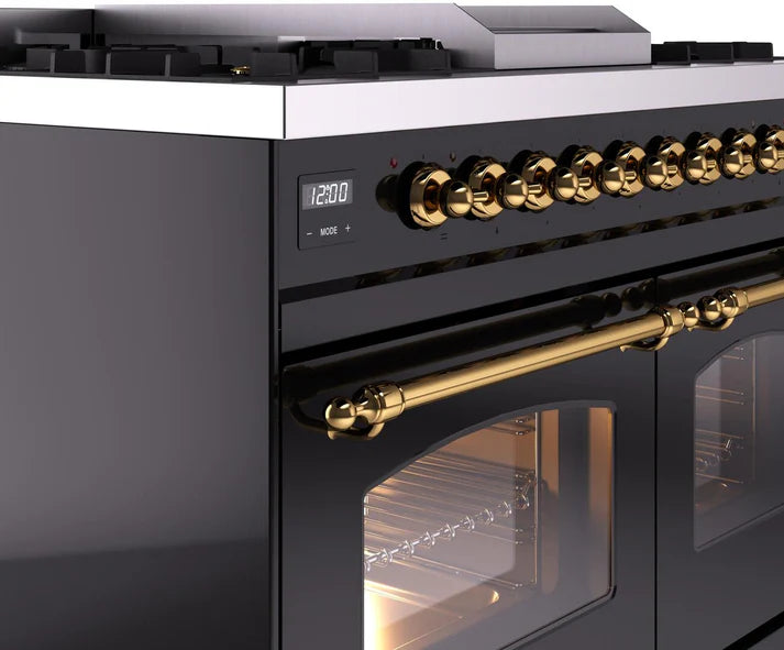 Ilve UPD40FNMPBKGLP 40 in Nostalgie II Dual Fuel Range, 6 Burners, Griddle, Double Oven, Glossy Black, Brass, LP Gas