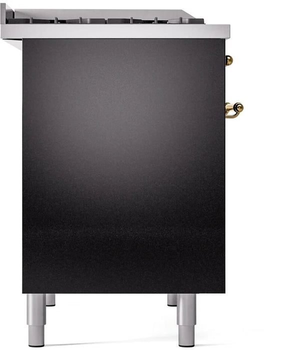 Ilve UPD40FNMPBKGLP 40 in Nostalgie II Dual Fuel Range, 6 Burners, Griddle, Double Oven, Glossy Black, Brass, LP Gas