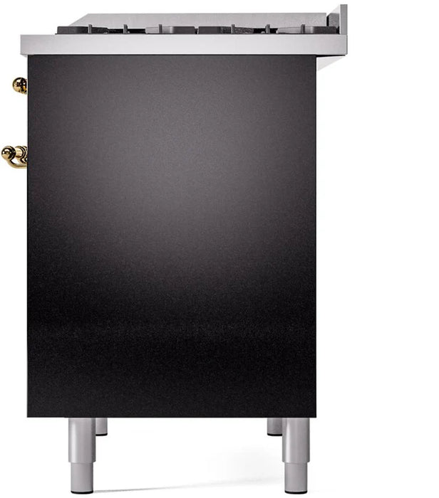 Ilve UPD40FNMPBKGLP 40 in Nostalgie II Dual Fuel Range, 6 Burners, Griddle, Double Oven, Glossy Black, Brass, LP Gas