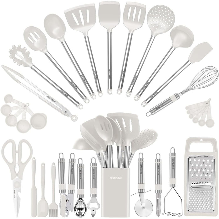 Vero Hardware 33-Piece Silicone Kitchen Utensil Set with Stainless Steel Handles, Nonstick-Safe Cooking Tools with Holder
