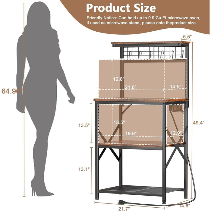 Vero Hardware 4-Tier Kitchen Baker’s Rack with Power Outlet, Microwave Stand, Coffee Bar Storage Shelf with S Hooks, Rustic Brown