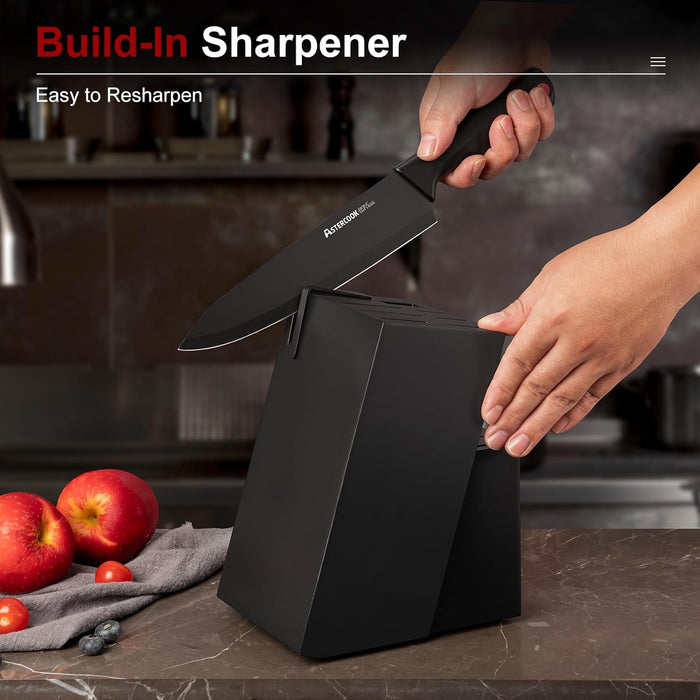 Astercook 15-Piece Knife Set with Built-In Sharpener Block, German Stainless Steel Kitchen Knives, Black