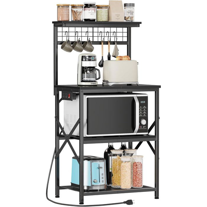 Vero Hardware 4-Tier Kitchen Baker’s Rack with Power Outlet, Microwave Stand, Coffee Bar Storage Shelf with S Hooks, Rustic Brown