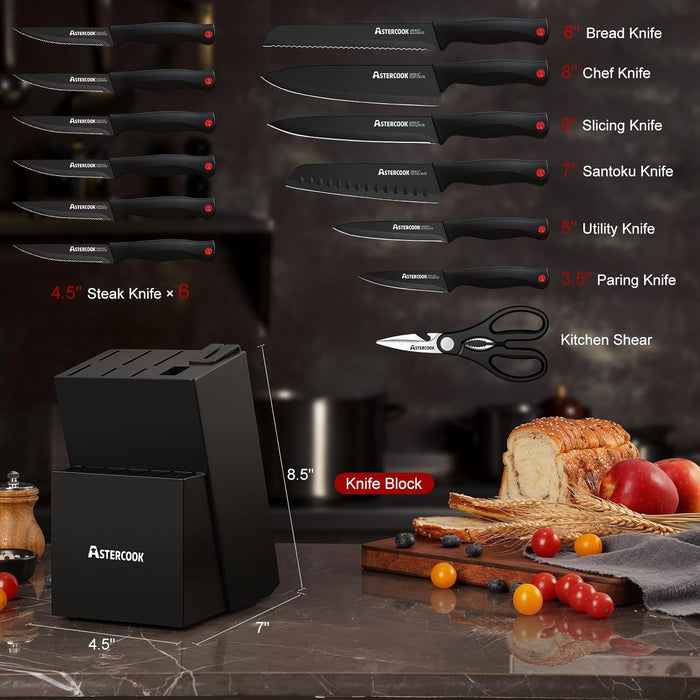 Astercook 15-Piece Knife Set with Built-In Sharpener Block, German Stainless Steel Kitchen Knives, Black