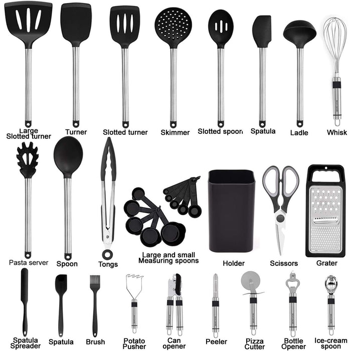 Vero Hardware 33-Piece Silicone Kitchen Utensil Set with Stainless Steel Handles, Nonstick-Safe Cooking Tools with Holder