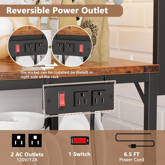 Vero Hardware 4-Tier Kitchen Baker’s Rack with Power Outlet, Microwave Stand, Coffee Bar Storage Shelf with S Hooks, Rustic Brown