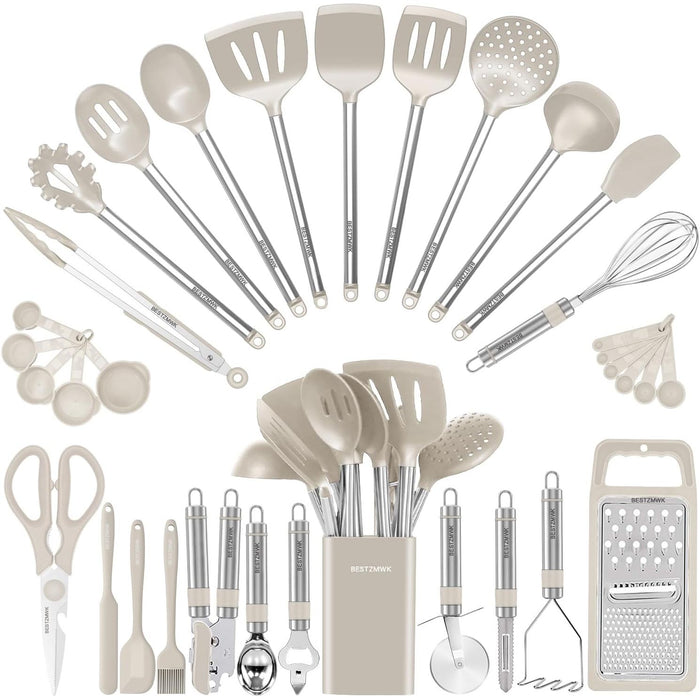 Vero Hardware 33-Piece Silicone Kitchen Utensil Set with Stainless Steel Handles, Nonstick-Safe Cooking Tools with Holder