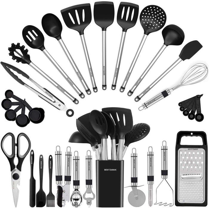 Vero Hardware 33-Piece Silicone Kitchen Utensil Set with Stainless Steel Handles, Nonstick-Safe Cooking Tools with Holder