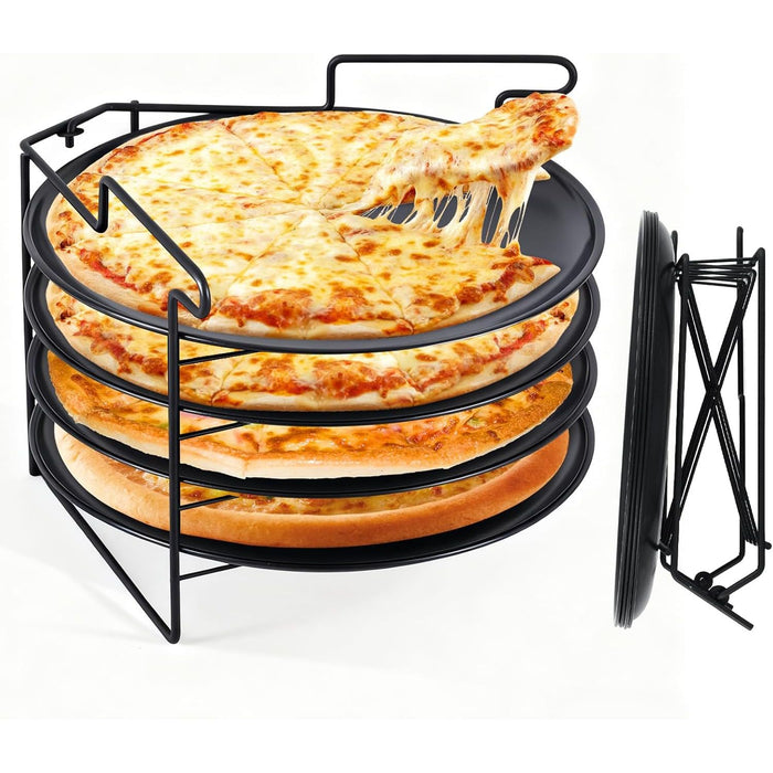 Vero Hardware Folding Pizza Rack Stand – 4-Layer Stainless Steel Baking & Cooling Rack with Non-Stick Pan