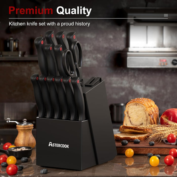 Astercook 15-Piece Knife Set with Built-In Sharpener Block, German Stainless Steel Kitchen Knives, Black