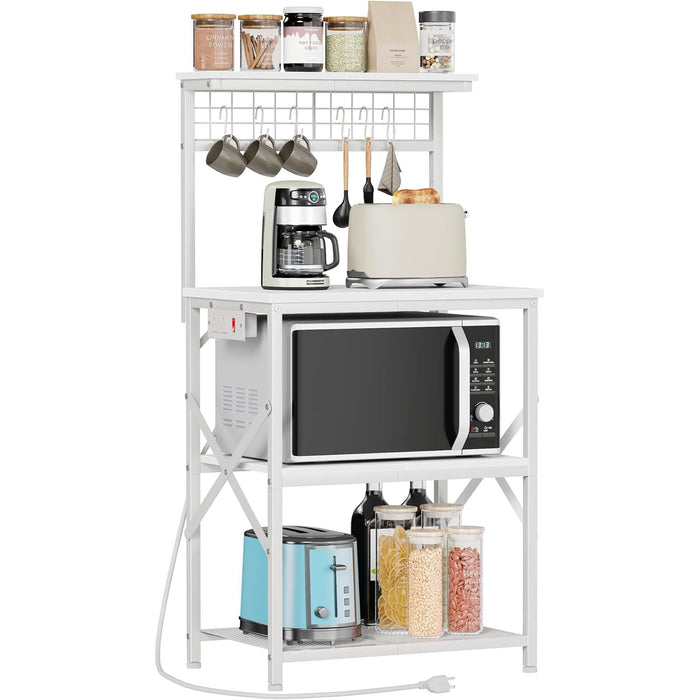 Vero Hardware 4-Tier Kitchen Baker’s Rack with Power Outlet, Microwave Stand, Coffee Bar Storage Shelf with S Hooks, Rustic Brown