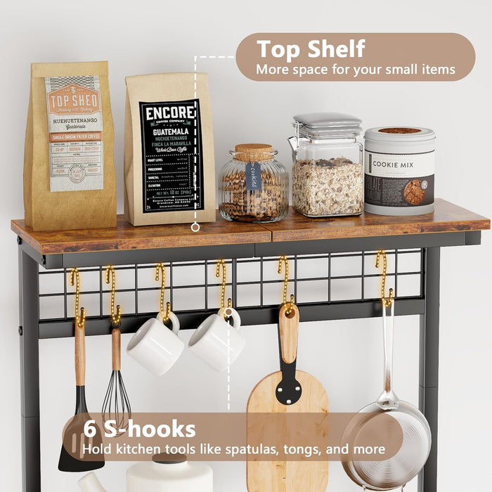Vero Hardware 4-Tier Kitchen Baker’s Rack with Power Outlet, Microwave Stand, Coffee Bar Storage Shelf with S Hooks, Rustic Brown