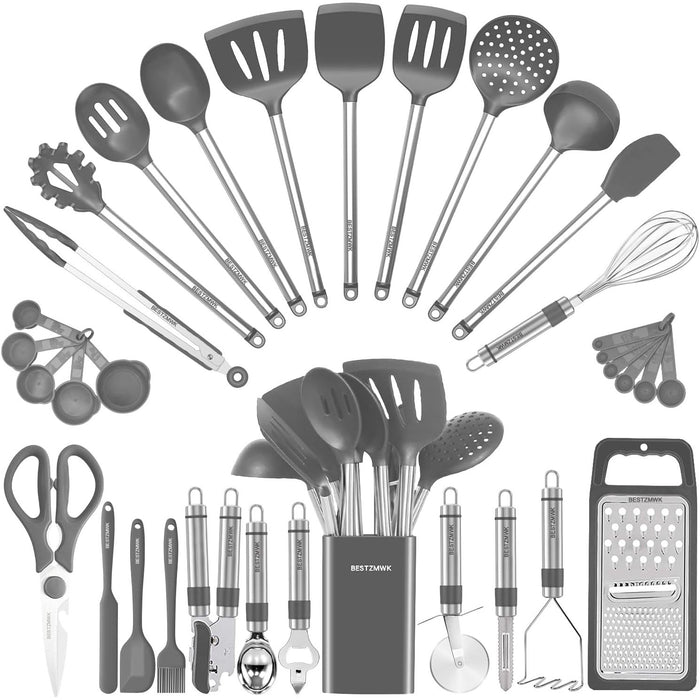Vero Hardware 33-Piece Silicone Kitchen Utensil Set with Stainless Steel Handles, Nonstick-Safe Cooking Tools with Holder