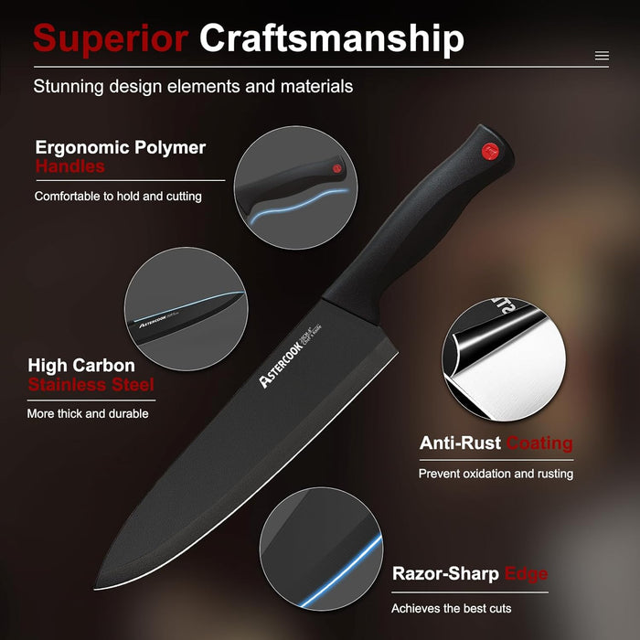 Astercook 15-Piece Knife Set with Built-In Sharpener Block, German Stainless Steel Kitchen Knives, Black