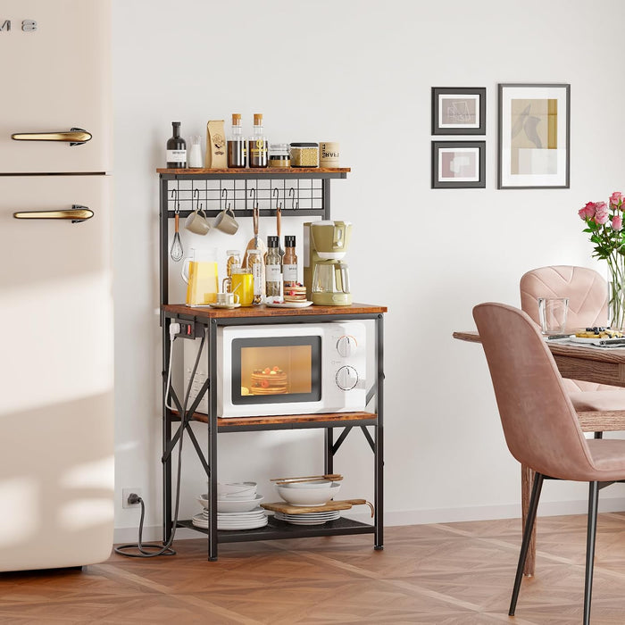 Vero Hardware 4-Tier Kitchen Baker’s Rack with Power Outlet, Microwave Stand, Coffee Bar Storage Shelf with S Hooks, Rustic Brown