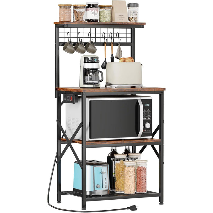 Vero Hardware 4-Tier Kitchen Baker’s Rack with Power Outlet, Microwave Stand, Coffee Bar Storage Shelf with S Hooks, Rustic Brown
