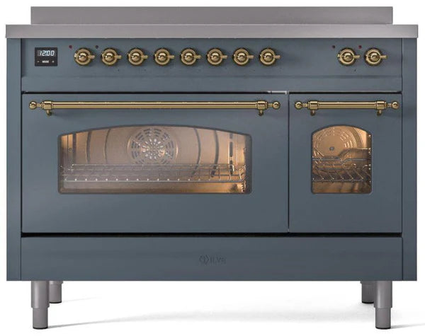Ilve UPI486NMPBGG 48 in Nostalgie II Induction Range, 6 Elements, Double Oven, Blue Grey, Brass