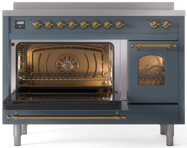 Ilve UPI486NMPBGG 48 in Nostalgie II Induction Range, 6 Elements, Double Oven, Blue Grey, Brass