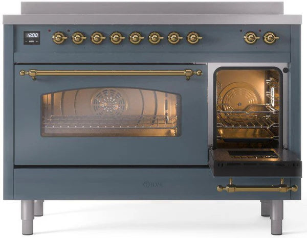 Ilve UPI486NMPBGG 48 in Nostalgie II Induction Range, 6 Elements, Double Oven, Blue Grey, Brass