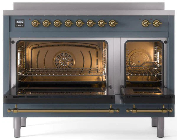 Ilve UPI486NMPBGG 48 in Nostalgie II Induction Range, 6 Elements, Double Oven, Blue Grey, Brass