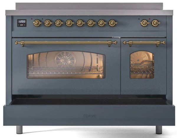 Ilve UPI486NMPBGG 48 in Nostalgie II Induction Range, 6 Elements, Double Oven, Blue Grey, Brass