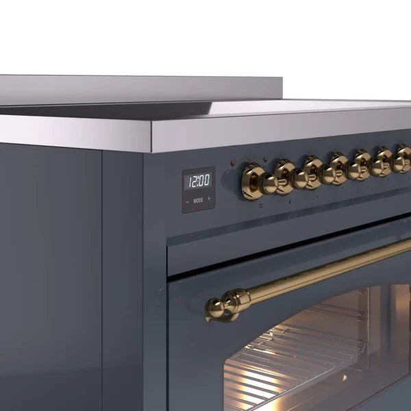 Ilve UPI486NMPBGG 48 in Nostalgie II Induction Range, 6 Elements, Double Oven, Blue Grey, Brass