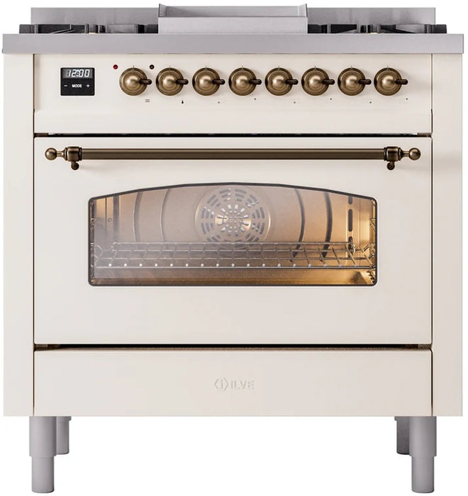 Ilve UP36FNMPAWB 36 in Nostalgie II Dual Fuel Range, 6 Burners, Griddle, Convection Oven, Antique White, Burnished