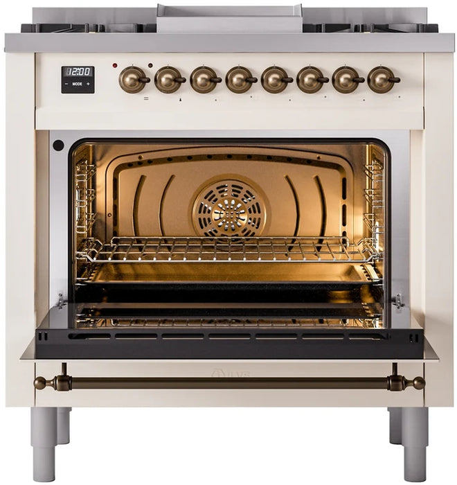 Ilve UP36FNMPAWB 36 in Nostalgie II Dual Fuel Range, 6 Burners, Griddle, Convection Oven, Antique White, Burnished