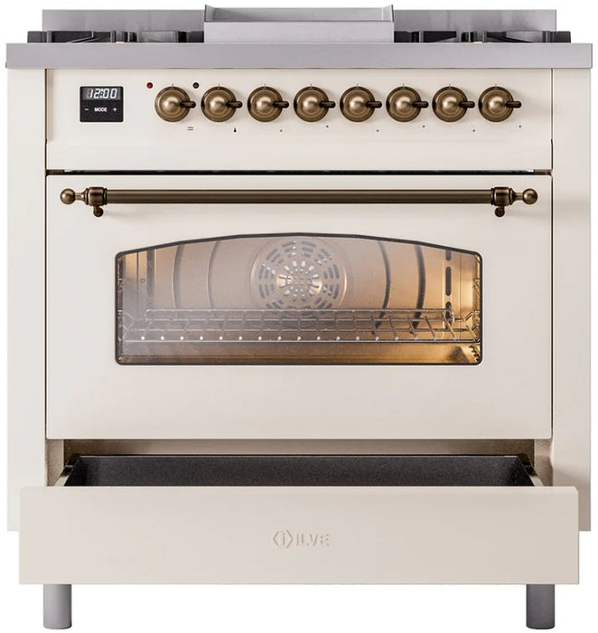 Ilve UP36FNMPAWB 36 in Nostalgie II Dual Fuel Range, 6 Burners, Griddle, Convection Oven, Antique White, Burnished