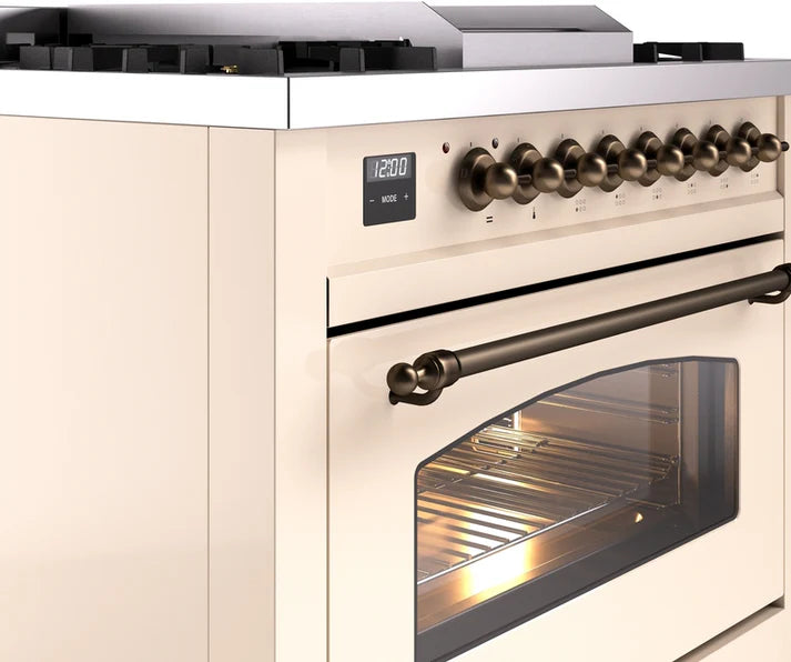 Ilve UP36FNMPAWB 36 in Nostalgie II Dual Fuel Range, 6 Burners, Griddle, Convection Oven, Antique White, Burnished