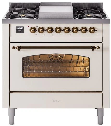 Ilve UP36FNMPAWB 36 in Nostalgie II Dual Fuel Range, 6 Burners, Griddle, Convection Oven, Antique White, Burnished