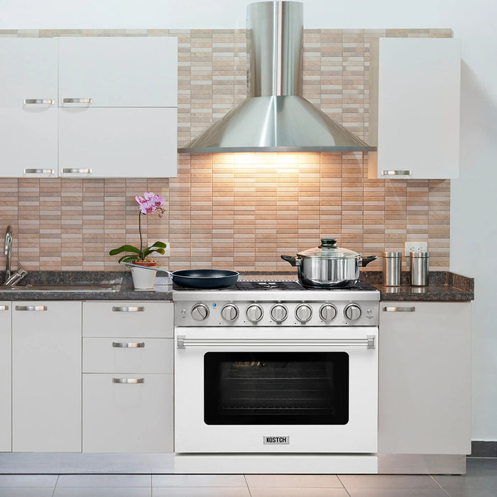 Kostch KOS-36RG03M-W 36" Freestanding Gas Range with 6 Burners, Convection Oven – White, LP Convertible