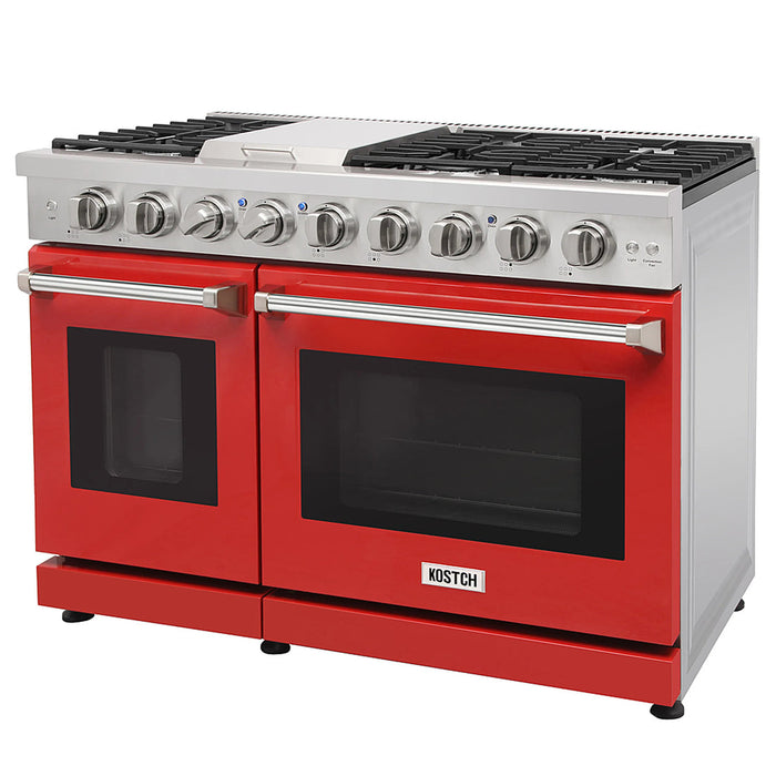 Kostch KOS-48RG03M-R 48" Freestanding Gas Range with 6 Burners, Convection Oven – Red, LP Convertible