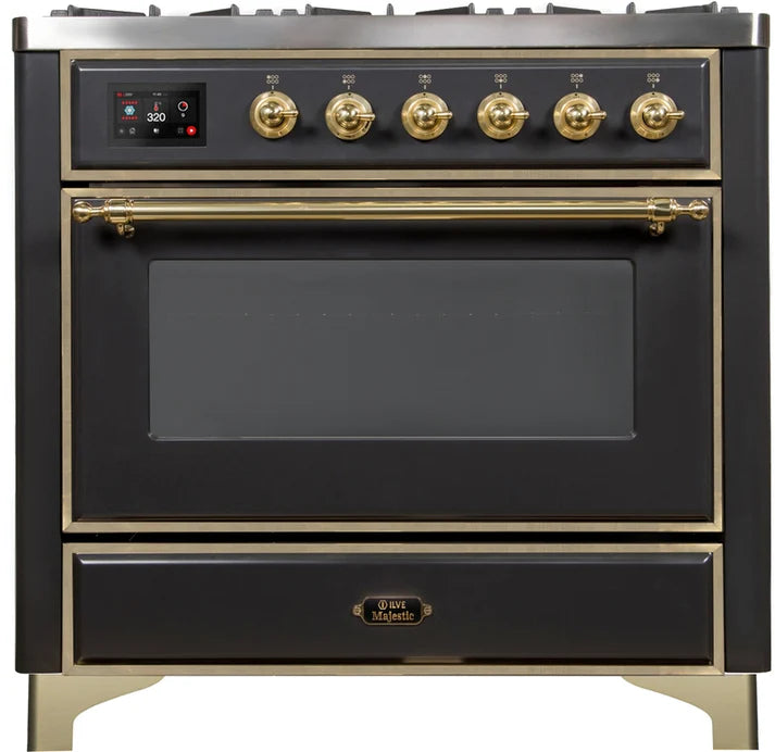 Ilve UM09FDNS3MGG Majestic II 36-Inch Freestanding Dual Fuel Range with 6 Sealed Black Brass Burners, Griddle, Electric Convection Oven, TFT Display, Warming Drawer – Matte Graphite with Brass Trim