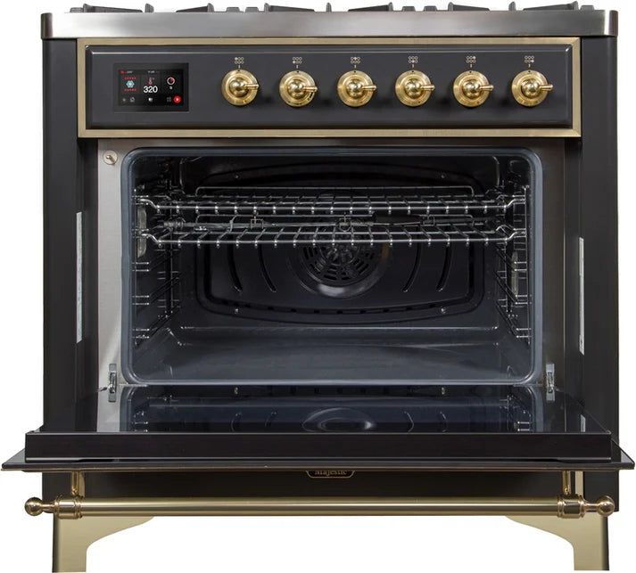 Ilve UM09FDNS3MGG Majestic II 36-Inch Freestanding Dual Fuel Range with 6 Sealed Black Brass Burners, Griddle, Electric Convection Oven, TFT Display, Warming Drawer – Matte Graphite with Brass Trim