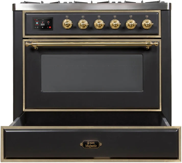 Ilve UM09FDNS3MGG Majestic II 36-Inch Freestanding Dual Fuel Range with 6 Sealed Black Brass Burners, Griddle, Electric Convection Oven, TFT Display, Warming Drawer – Matte Graphite with Brass Trim
